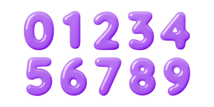 Cute glossy 3D number set in soft purple bubble style. Bright purple inflated digits with smooth volume create a fun 3D number look for kids, birthday themes, stickers and playful designs