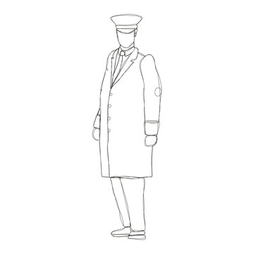 Dessin en ligne continue d'un portier d'h&ocirc;tel en uniforme d'hiver, travailleur en ext&eacute;rieur, line art, vecteur