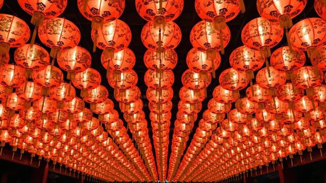 A vast display of illuminated red Asian lanterns creates a vibrant cultural pathway for festive celebration