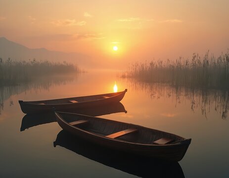 Two wooden boats float on calm lake water during orange sunrise. Morning mist hangs over tall reeds on shore. Stillness pervades tranquil natural landscape.