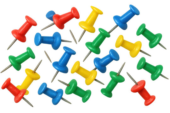 Colorful pushpins scattered on a transparent background, symbolizing organization, attachment, and office work