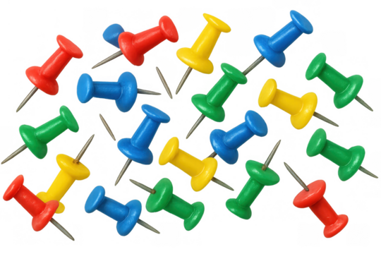 Colorful pushpins scattered on a transparent background, symbolizing organization, attachment, and office work - Powered by Adobe