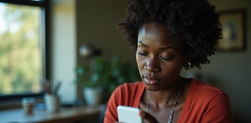 Young African American Woman Looking at Smartphone Screen Reading Message