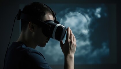 Gamer Wearing Virtual Reality Headset Playing Immersive Video Game in Dark Atmospheric Gaming Environment