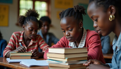 Group of African students in classroom during lesson learning together with notebooks and books