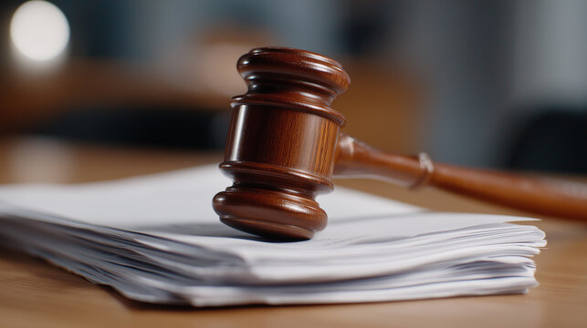 Wooden gavel rests on stack of white legal documents