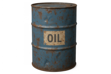 Rusty blue metal barrel representing oil, petroleum, and fuel storage. Showing textured surface, an oil label, and a transparent background