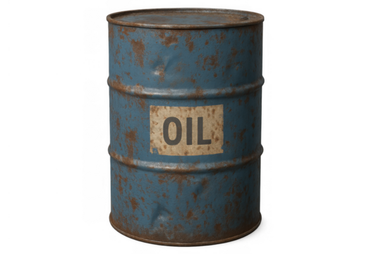 Rusty blue metal barrel representing oil, petroleum, and fuel storage. Showing textured surface, an oil label, and a transparent background