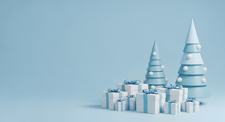 3D Render Minimal Monochromatic Blue Christmas Winter Holiday Background with Trees Gifts and Copy Space