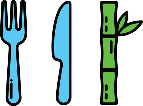 Modern vector set of stylized blue dining cutlery and green bamboo stalks, perfect for food and nature-themed designs and eco-friendly branding