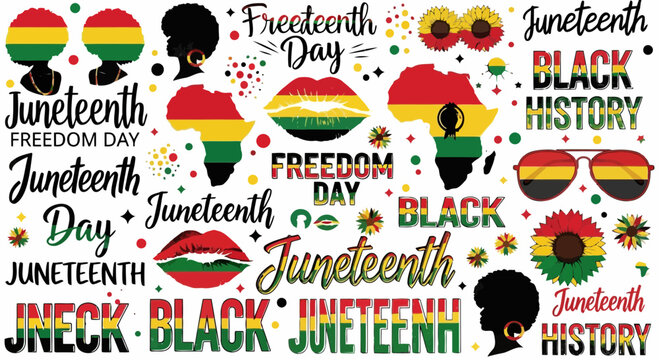 Juneteenth celebration with colorful text and symbols including rainbow flag, black history, and freedom day