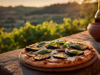 Eggplant and basil pizza displayed on a rustic Tuscan terrace with vineyard in background, warm sunset tones, travel-food aesthetic