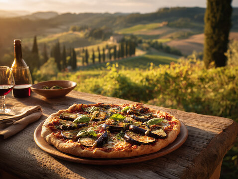 Eggplant and basil pizza displayed on a rustic Tuscan terrace with vineyard in background, warm sunset tones, travel-food aesthetic - Powered by Adobe