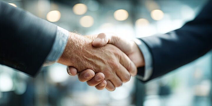Professional handshake symbolizing partnership and collaboration in a business setting during a meeting with a blurred background of modern office environment