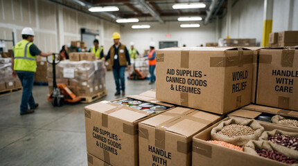 Close-up of aid boxes with food supplies, humanitarian team preparing shipments.