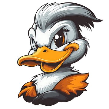 Fierce Cartoon Duck with Grey and Orange Feathers character mascot photo