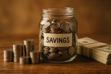 Financial Reserve: A glass jar brimming with coins, embodying the essence of financial prudence. Beside it, stacks of money symbolize accumulation and prosperity.