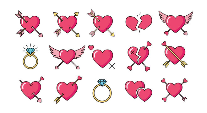 A collection of colorful heart icons with various designs including arrows, wings, and rings, representing love and romance