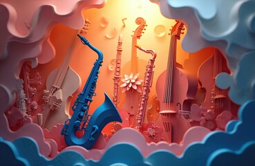 Paper cut style illustration shows musical instruments like saxophones clarinets, cellos. Abstract shapes, colors create vibrant symphony of sound, art. Enjoy music celebration or performance.
