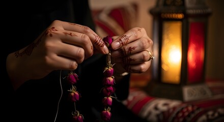 Obraz premium In the soft, intimate glow of a traditional lantern, an Omani woman's fingers delicately thread dried rose petals onto a string to create a fragrant, floral necklace.