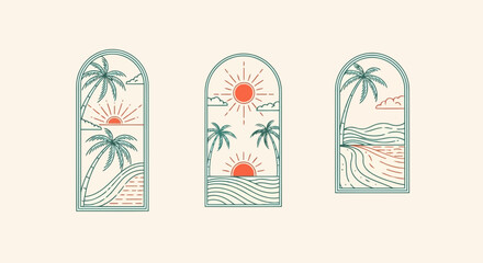 Three tropical window illustrations with palm trees, sun, and beach waves on a