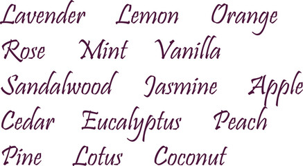 Popular natural fragrances, names in a beautiful font, text on a transparent background