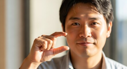 Close-up of a confident young Asian man making a gesture with his hand