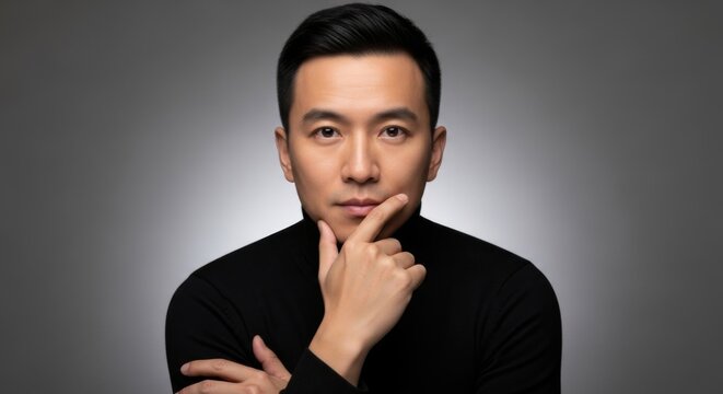 Close-up portrait of an Asian man with a contemplative expression and hand on chin against a