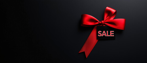 Red ribbon bow with SALE tag, and copy space on dark background. Elegant luxury retail holiday marketing promotion. Stylish design for Black Friday, Cyber Monday, seasonal sales, or festive campaigns.