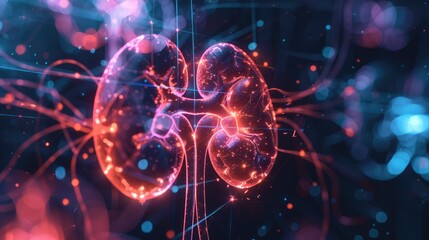 Visualization of glowing human kidneys with a complex network of luminous lines and structures. The construction of the anatomical organ of the human kidney.