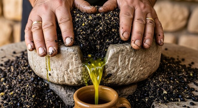 A Jordanian farmer's earth-stained hands pressing olives in an ancient stone press, with golden olive oil trickling into a traditional clay jar. Authentic heritage and food production.