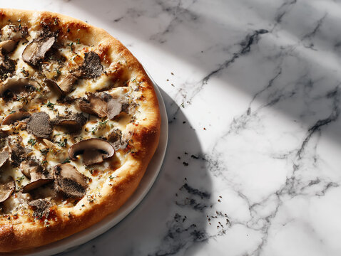Truffle mushroom pizza on white marble, diffused morning lighting, minimalist gourmet styling