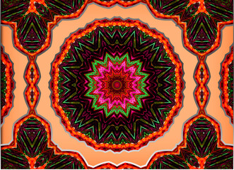 An intricate mandala design features vibrant colors forming symmetrical patterns. The central starburst shape draws attention with its intense hues.