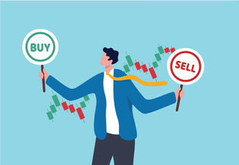 Buy or sell in stock market and crypto currency trading, investment decision, wealth management or financial concept, businessman investment analyst holding buy or sell sign with candlestick chart.