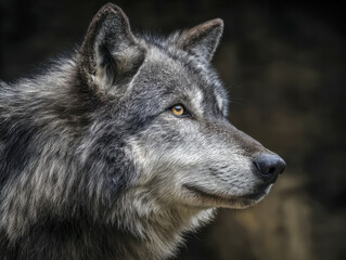 Obraz premium A majestic gray wolf gazing intently into the distance with piercing amber eyes and detailed fur texture against a dark, blurred natural background