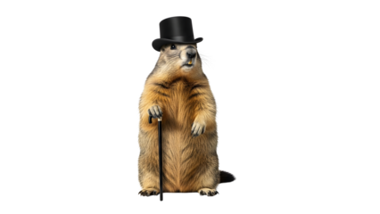 Groundhog wearing a top hat and holding a cane on white background  