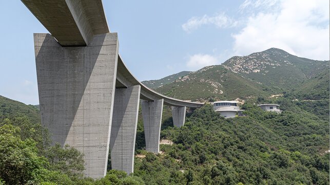 nationalizing. Massive bridge pillar supporting elevated roadway with architectural detail in daylight. real-estate listings.