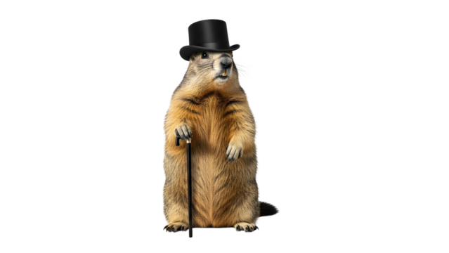 Groundhog wearing a top hat and holding a cane on white background  