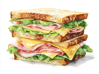 watercolor sandwich with ham, lettuce, and cheese, realistic details, white background