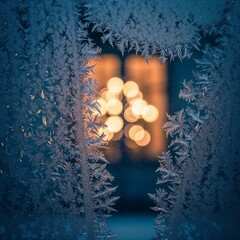 Frosted window with ice patterns and warm lights in background  