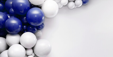 Modern balloon wall in blue, white and silver tones with clean negative space on the right. Minimalistic festive background perfect for branding, celebrations, layouts and design mockups.