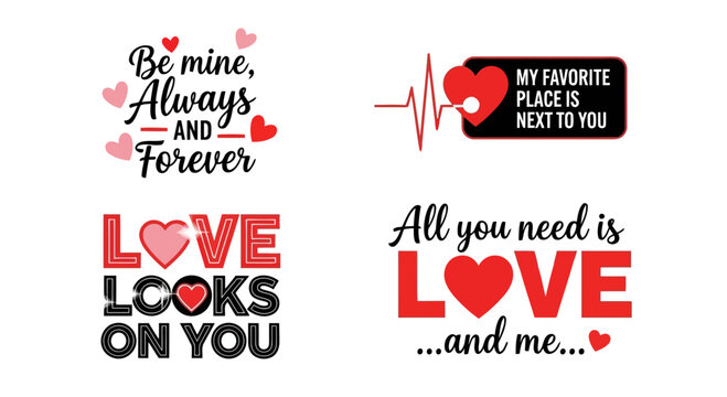 Collection of romantic love messages and phrases with hearts and heartbeats for valentines day and anniversaries