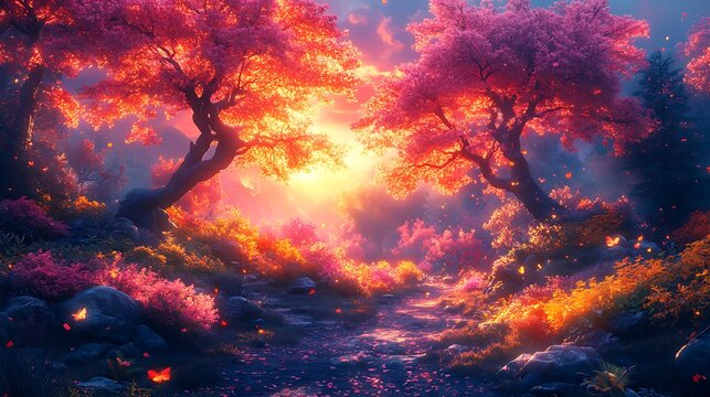 Enchanted forest path with glowing pink trees and sunset light trail nature photo