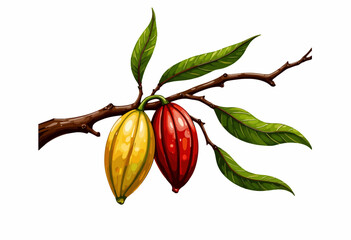 Vibrant Illustration of Cocoa Pods Hanging from a Branch with Lush Green Leaves and Detailed Textures on a Crisp White Background