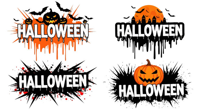 Halloweenthemed text designs with pumpkins, bats, and spooky elements for festive graphics and decorations