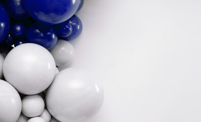 Blue and white balloon garland on a clean white background, festive decorative backdrop ideal for celebrations, parties, and event design.
