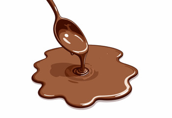 A spoon pouring smooth, luscious melted chocolate, creating a rich puddle of creamy sweetness, perfect for delighting chocolate lovers and sweet enthusiasts alike.