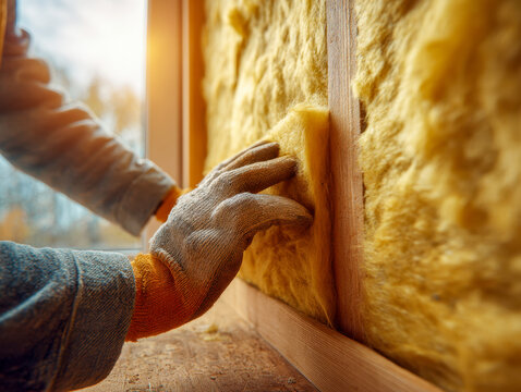 Worker wearing protective gloves installing fiberglass insulation in wall cavity near window to improve energy efficiency and indoor comfort