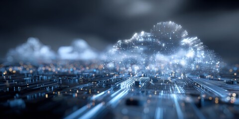 Fototapeta premium Futuristic Cloud Computing Concept with Digital Circuitry and Data Flow, Symbolizing Technology and Innovation in the Modern Networked World