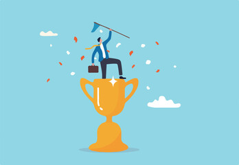 Victory or business achievement, triumph or award winning, accomplishment for leadership success, determination for career success concept, cheerful businessman winner raising flag on winning trophy.